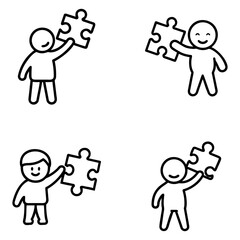 Four simple black-and-white outline illustrations of smiling figures, each holding a puzzle piece