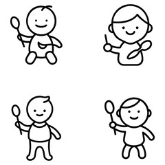 Four black and white outline drawings of stylized children holding spoons. Each child is depicted in a simple