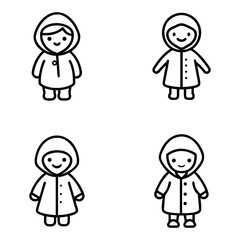 Illustration of four smiling cartoon figures in hooded coats, arranged in a square pattern on a white background