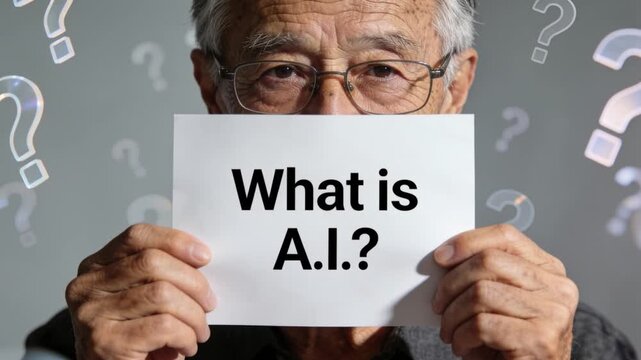 Elderly Asian man holds up a "What is A.I.?" paper as floating question marks drift around him, capturing his curious expression while question marks blur into the gray background at varying scales