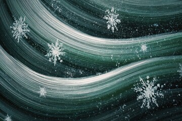Luxurious New Year card layout showcasing rich emerald brushstrokes intertwined with intricate snowflake patterns, highlighted by gentle, shimmering lighting for a sophisticated mood