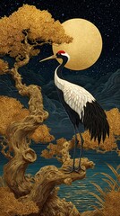 Fototapeta premium Elegant redcrowned crane stands on a golden branch with a full moon backdrop