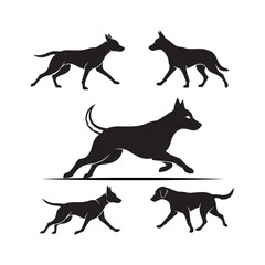 Five black dog silhouettes in various running poses