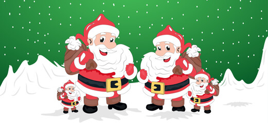 Cute Santa Claus Family Cartoon Characters on Snowy Background