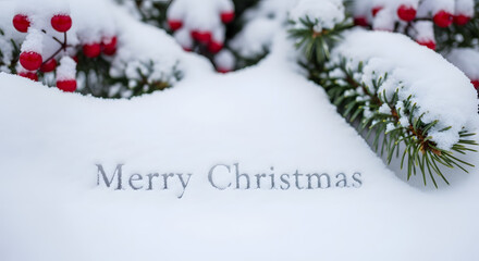 Merry Christmas greeting text embedded in pristine white snow framed by frosted pine branches and vibrant red berries