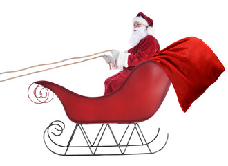 Santa Claus Sitting in his sleigh with a large bag of toys trailing out the bacl of the red sleigh.