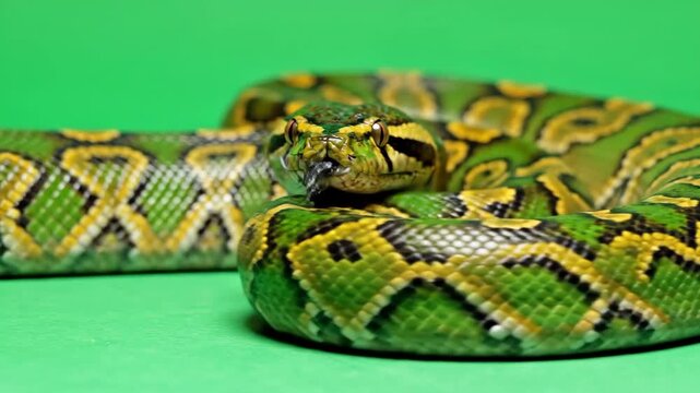 Diamond Python on Green Screen - Close-up of a Diamond Python with green, yellow and black stripe patterns on its scales. The snake has its tongue sticking out and is on a green background.