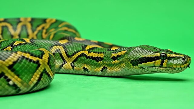 Green Diamond Python on Green Screen - A green and yellow diamond python with black stripes slithers across a vibrant green background. The video is suited for chroma key effects.