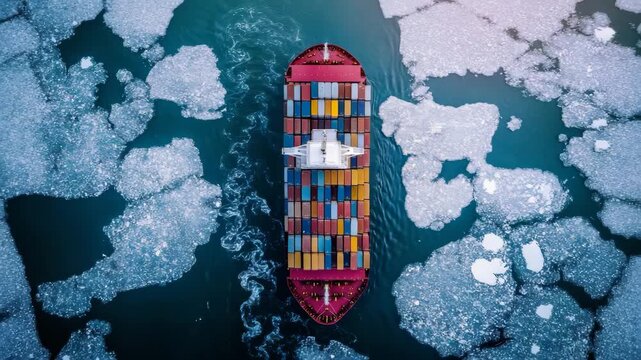Container vessel navigating frozen ocean route