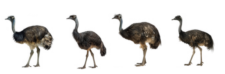 Four detailed ostrich sculptures with intricate metallic feather designs isolated on transparent background