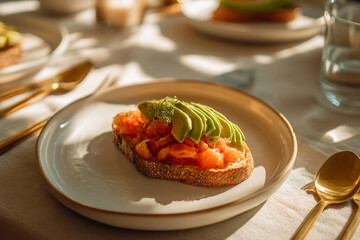 Breakfast featuring slices of avocado on whole grain toast. Healthy breakfast meal
