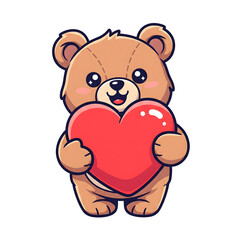 Adorable Little Stuffed Teddy Bear Mascot Illustration Holding a Large Shiny Red Heart, Perfect for Valentine's Day and Love Concepts