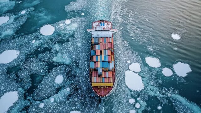 Cargo ship navigating through icy waters 