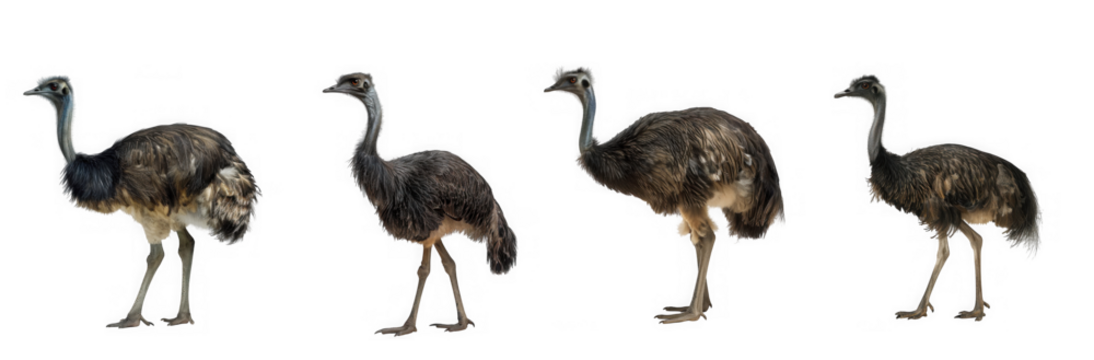 Four detailed ostrich sculptures with intricate metallic feather designs isolated on transparent background