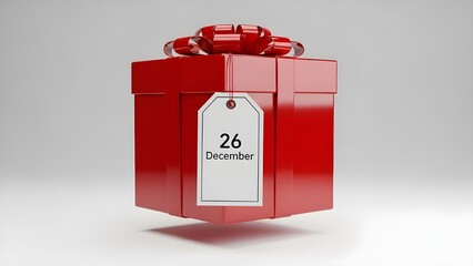 Red gift box with december 26 tag for boxing day celebration and holiday season greetings