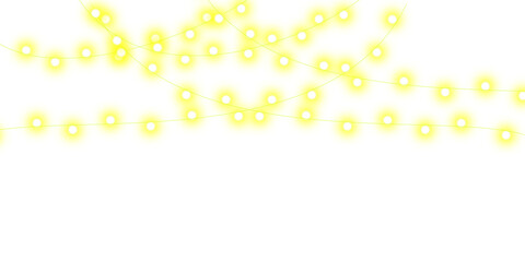 Strings of glowing yellow fairy lights creating a soft bokeh effect on a white background.