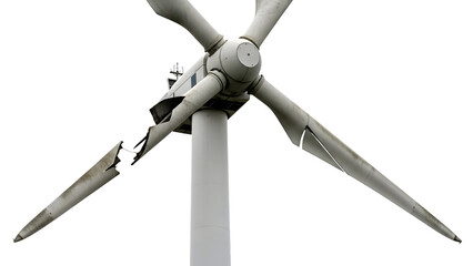 Damaged white wind turbine nacelle and broken blades on black isolated on a transparent background image