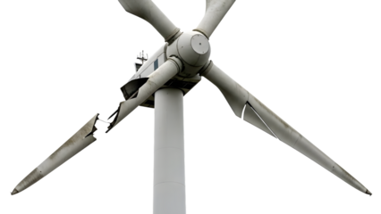 Damaged white wind turbine nacelle and broken blades on black isolated on a transparent background image