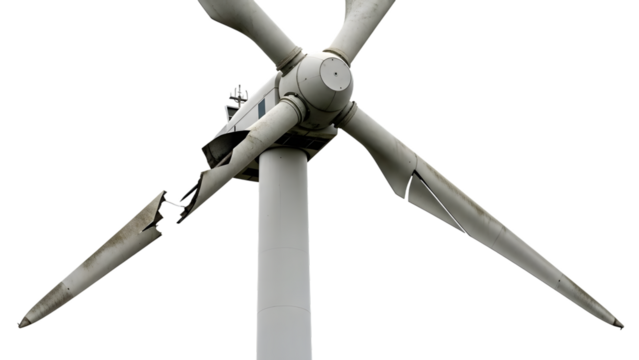 Damaged white wind turbine nacelle and broken blades on black isolated on a transparent background image