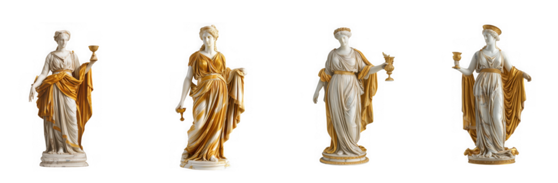 Four antique classical greek female statues holding objects standing on pedestals isolated on transparent background