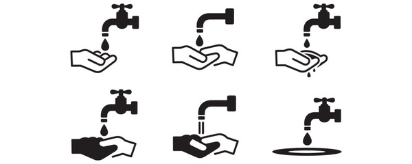 Promote hand hygiene with these vector illustrations of a faucet and hands, ideal for health campaigns about cleanliness and water conservation