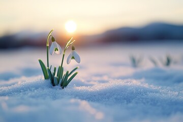 A photo of snowdrops sprouting through the snowy ground, with a blurred background of mountains and a sunset sky