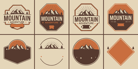 Vintage mountain adventure badge set with outdoor hiking emblem collection in retro colour palette for travel branding and wilderness label design