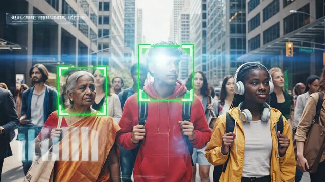 Urban Crowd Surveillance with Facial Recognition Technology - A diverse group of people walks through a bustling city street, with digital facial recognition frames highlighting certain individuals.