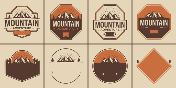 Vintage mountain adventure badge set with outdoor hiking emblem collection in retro colour palette for travel branding and wilderness label design