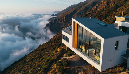 Modern Home Overlooking the Ocean and Clouds on a Hillside