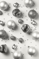 Cloud white Christmas card with dancer and silver balls and confetti, abstract holiday background. Demonstrating color, trend 2026 year.