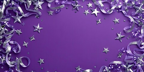 A purple background with silver stars and ribbons