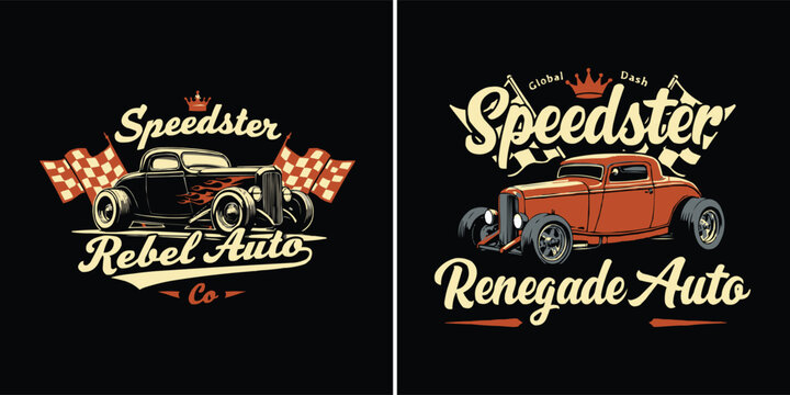 Vintage hot rod speedster emblem set with racing flags and retro custom auto styling