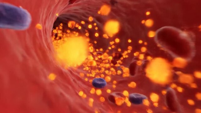 Hormonal Imbalance Visualisation - A visual representation of hormonal imbalance, likely cortisol pulses, within a bloodstream. The video shows blood cells and orange glows indicating an imbalance.