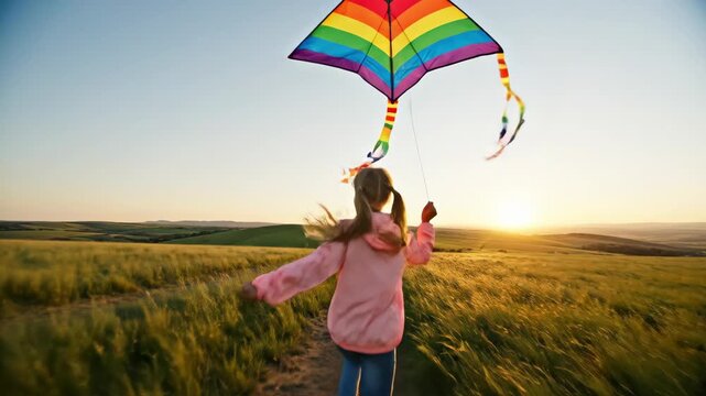 A young girl in a pink jacket runs joyfully through tall grass as she flies a vibrant rainbow kite. The sun sets, creating a warm golden glow across the landscape.