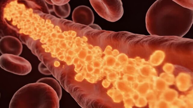Cortisol Hormones in Bloodstream - Microscopic view of the bloodstream with red blood cells and elevated cortisol hormones. The orange glowing cortisol pulses create imbalance in the body.