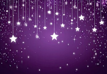 A purple background with white stars and sparkles hanging from the corners