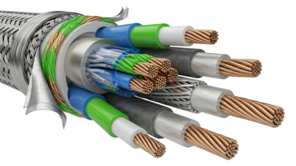 Detailed cross-section of electrical power and data cables with copper conductors and protective sheathing isolated on a transparent background