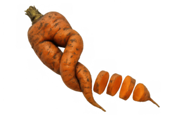 Twisted orange carrot with soil still clinging, imperfect vegetable with sliced pieces, transparent background