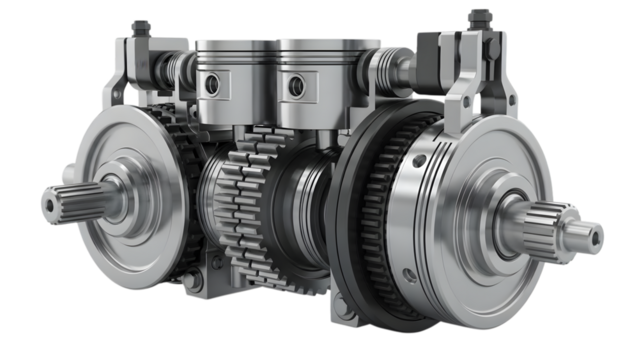 Detailed cross-section of a complex mechanical engine component with pistons and gears isolated on a transparent background