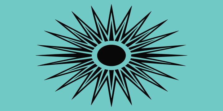 abstract burst starburst sun icon in black and white vector illustration, minimalist geometric symbol suitable for logos, branding, decorative design, retro themes, and modern graphic applications.