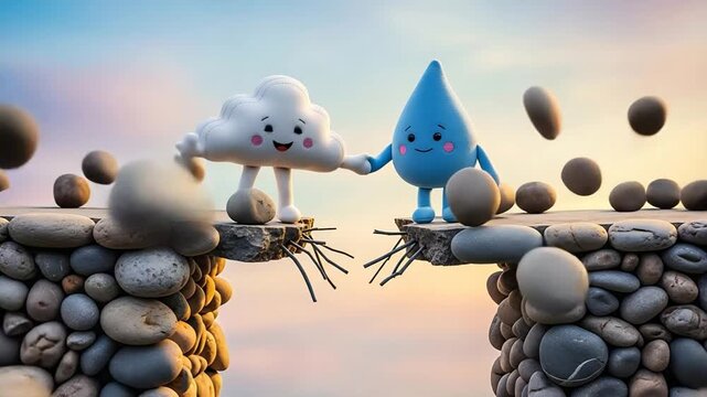 Cute cloud and water drop characters building a pebble bridge with teamwork animation.