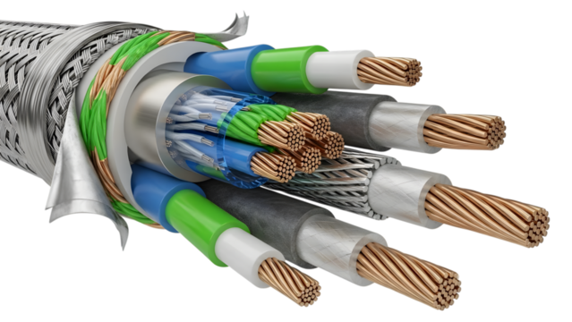 Detailed cross-section of electrical power and data cables with copper conductors and protective sheathing isolated on a transparent background