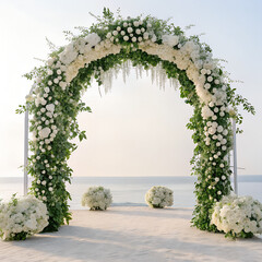Floral Wedding Arch with Roses and Peonies by the Sea, White Color Ambiance, Elegant Wedding Background for Creative Projects.