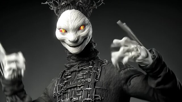 3D Model of Creepy Animation Character: Monochrome Fantasy Portrait with Evil Grin and Stylized Creature Design in Dark Aesthetic for Unsettling Visual Storytelling
