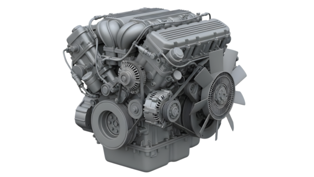 Detailed gray V8 engine with fan and belts on a isolated on a transparent background automotive car engine