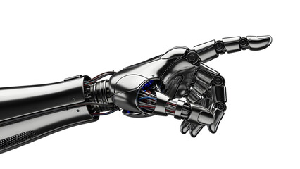 Detailed metallic robotic hand with visible internal wiring pointing forward isolated on a transparent background