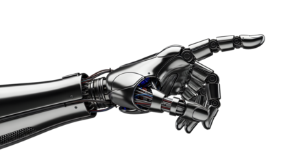 Detailed metallic robotic hand with visible internal wiring pointing forward isolated on a transparent background