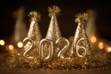 Stylish golden 2026 figures set against a dark background, adorned with sparkling tinsel and glowing bokeh, radiating a magical Christmas vibe