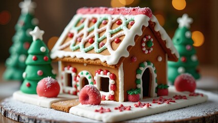 Gingerbread House, Gingerbread houses are edible structures made of gingerbread, icing, and candy, often associated with Christmas traditions.

